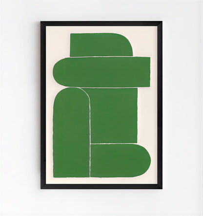 Framed abstract art print with green shapes on a beige background