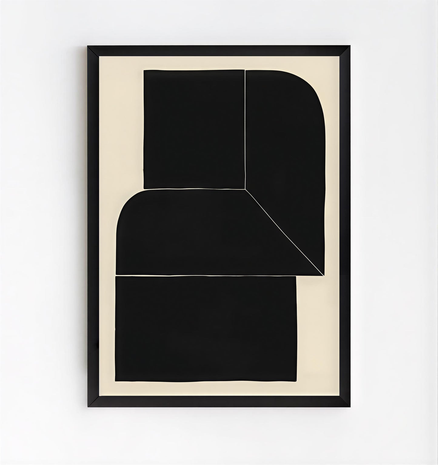 Abstract black and white art print in a black frame on a white background