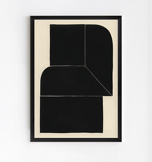 Abstract black and white art print in a black frame on a white background
