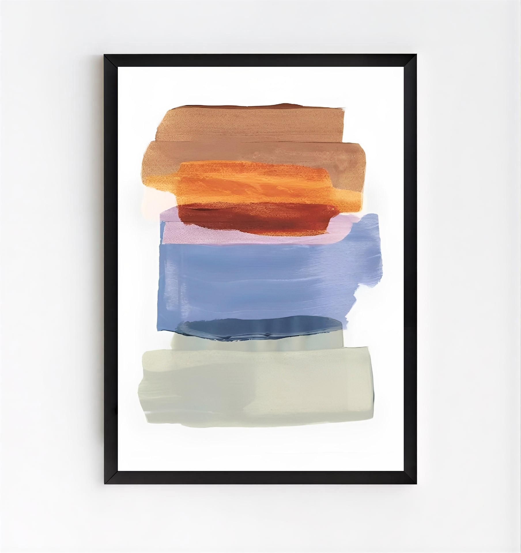 Framed abstract art print with horizontal brush strokes in brown, orange, blue, and beige on a white background.