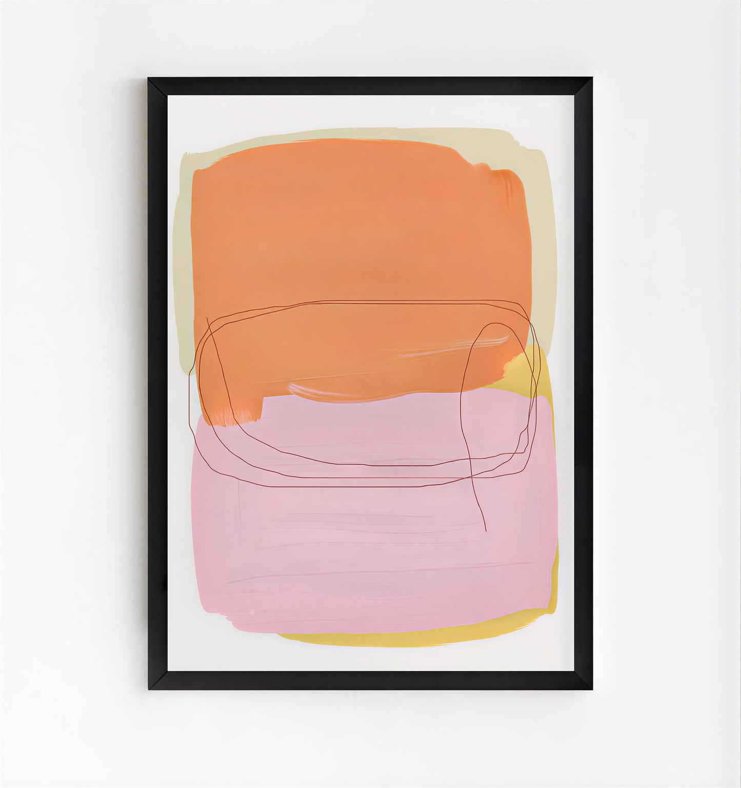 Framed abstract art print with orange and pink colors on a white background