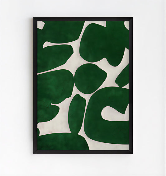 Framed artwork with green leaf pattern on a white background