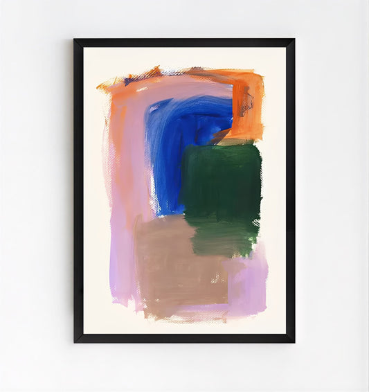Framed abstract art print with colorful brush strokes on a white background