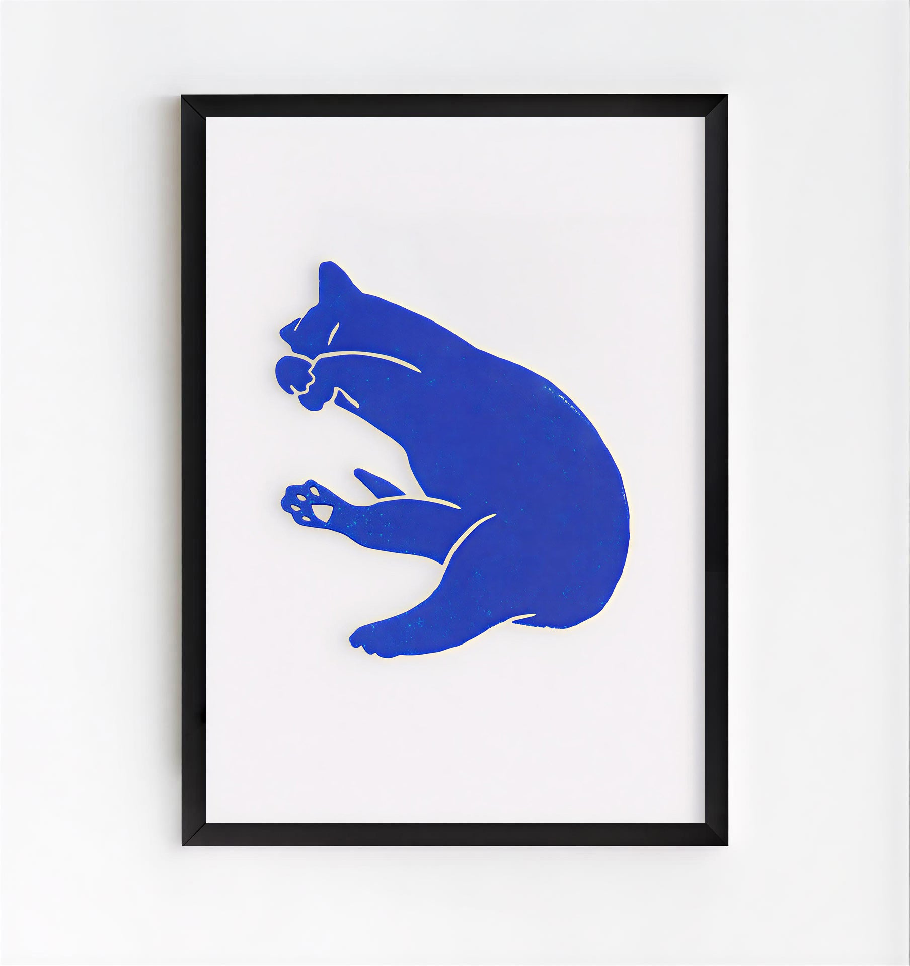 Minimalist blue cat wall art print with modern silhouette design