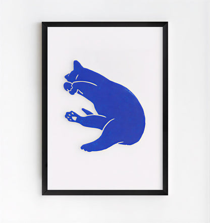 Minimalist blue cat wall art print with modern silhouette design