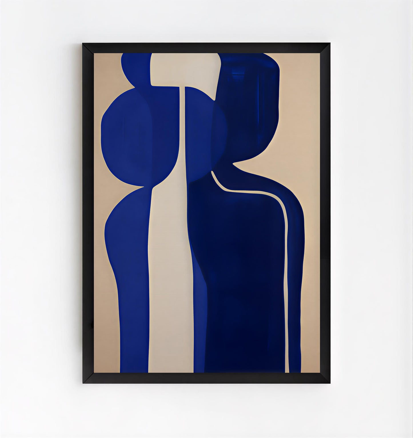 Framed abstract art with blue and beige shapes on a white background