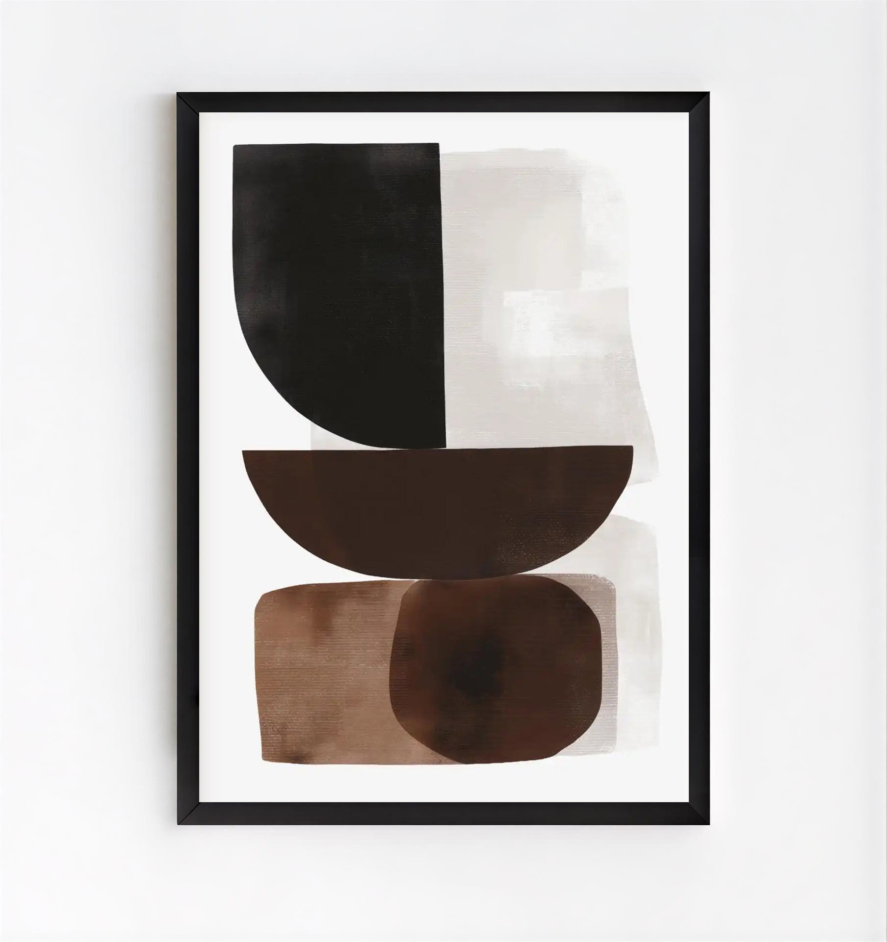 Abstract art print with geometric shapes in black, brown, and beige on a white background.