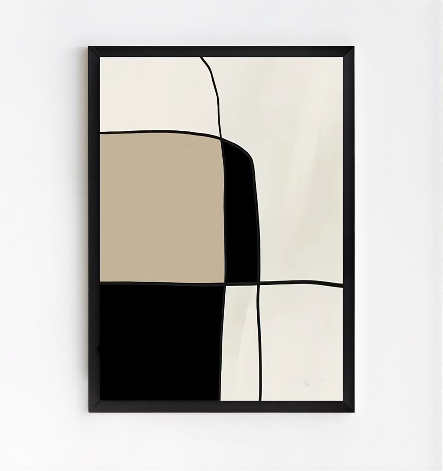 Abstract art print with geometric shapes in black, beige, and white on a white background