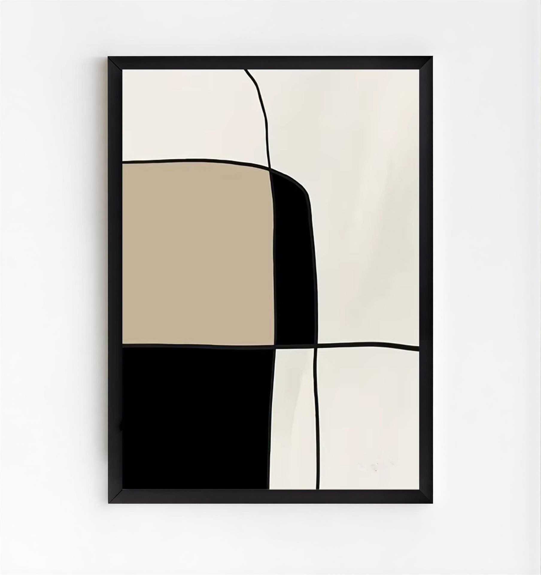 Abstract art print with geometric shapes in black, beige, and white on a white background
