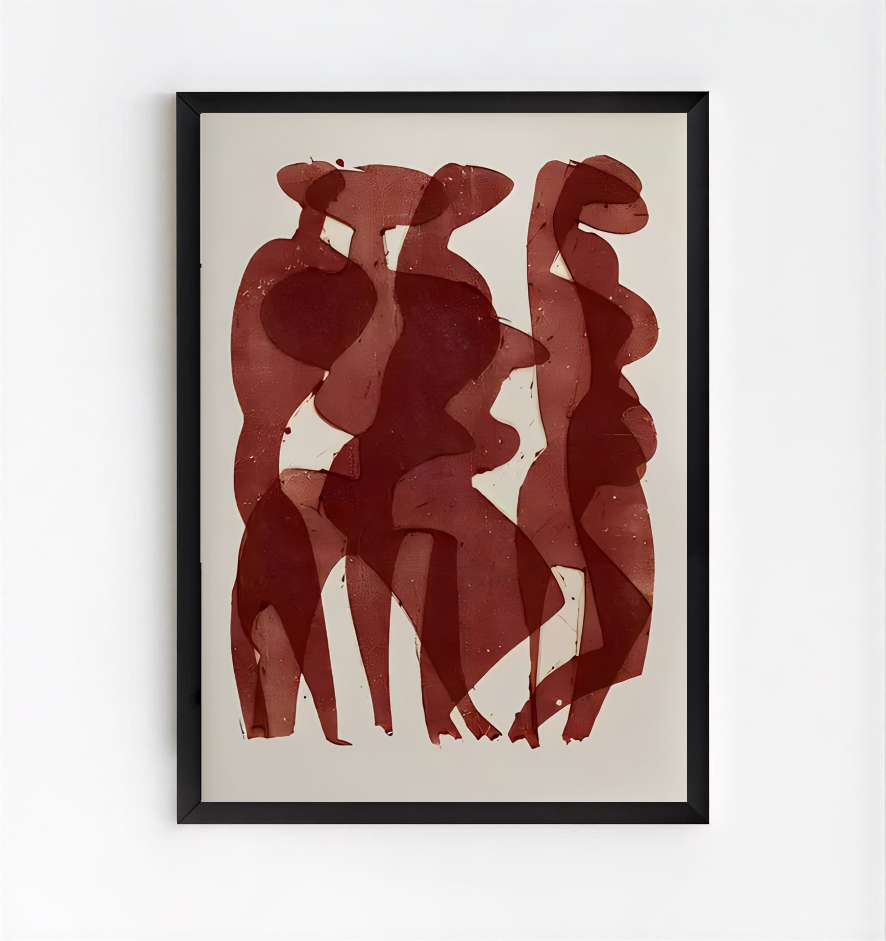 Framed abstract art with red figures on a beige background
