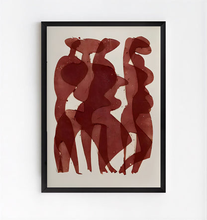 Framed abstract art with red figures on a beige background