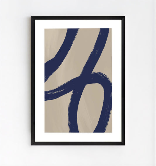 Framed  Minimalist abstract navy blue wall art print with blue brush strokes on beige background