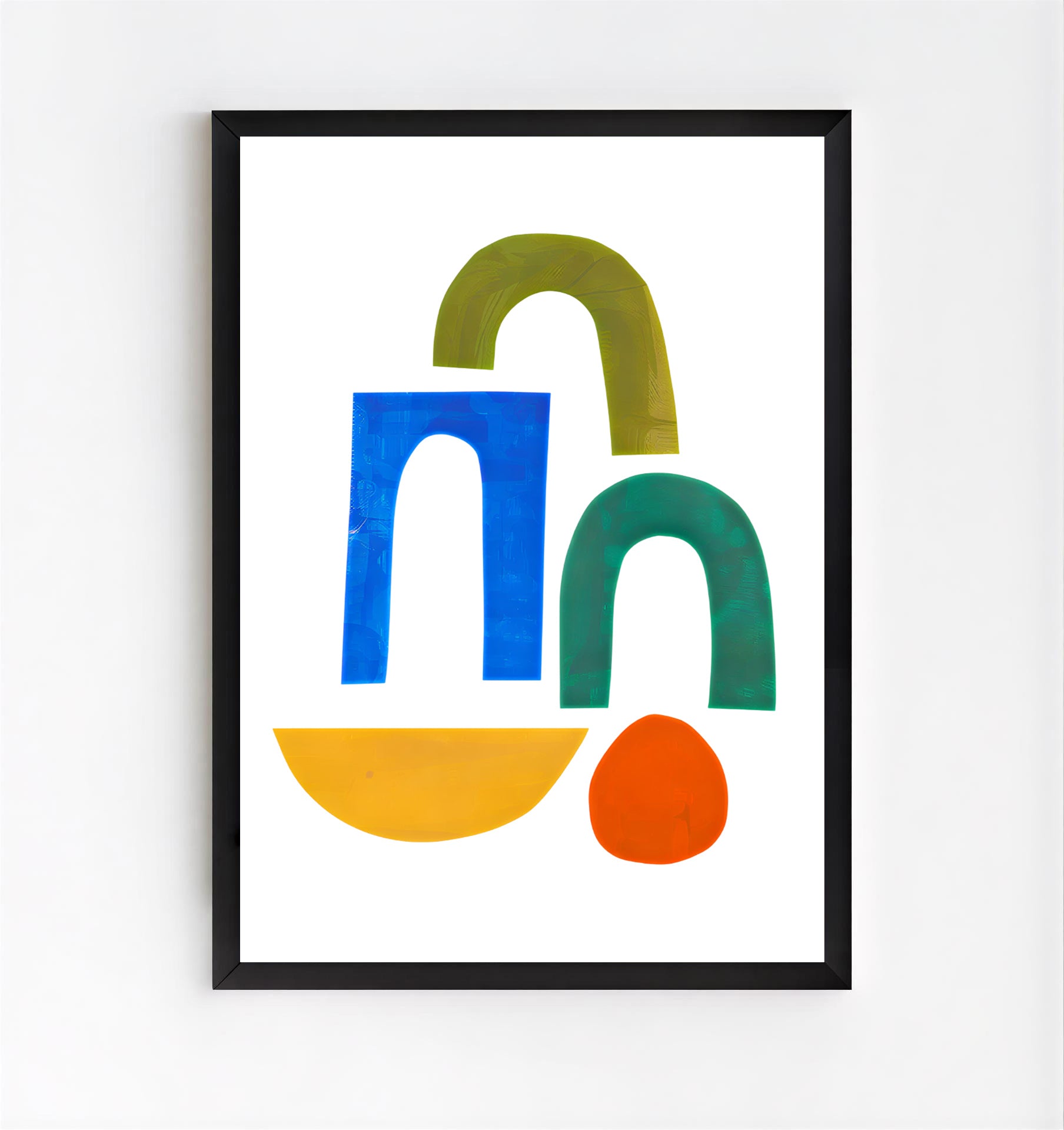 Framed abstract art with colorful geometric shapes on a white background