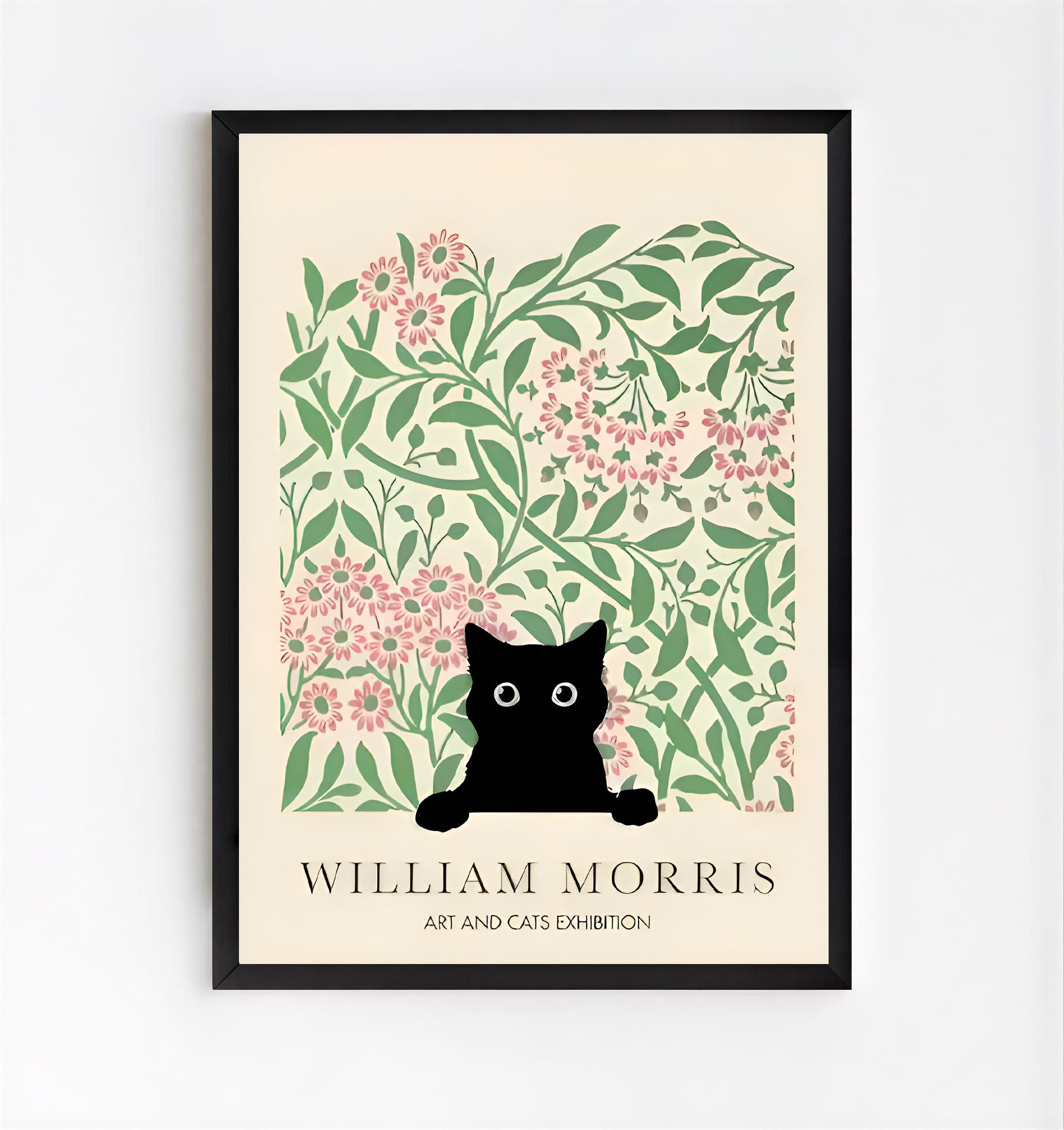 Framed artwork with a black cat art print with floral design, featuring William Morris branding.