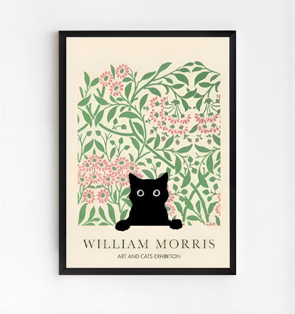 Framed artwork with a black cat art print with floral design, featuring William Morris branding.