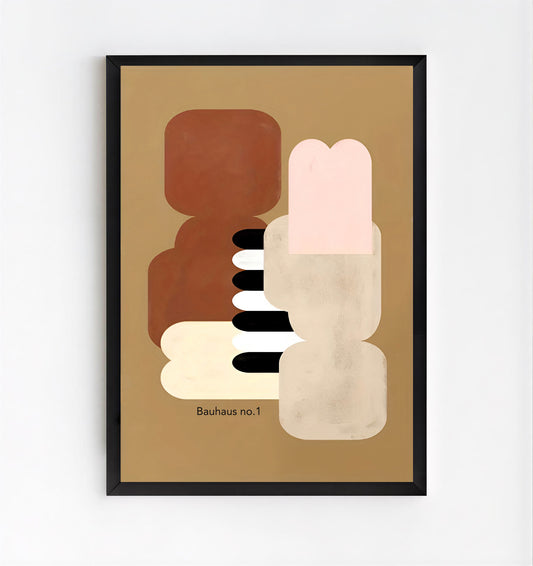 Framed abstract art print with geometric shapes on a beige background