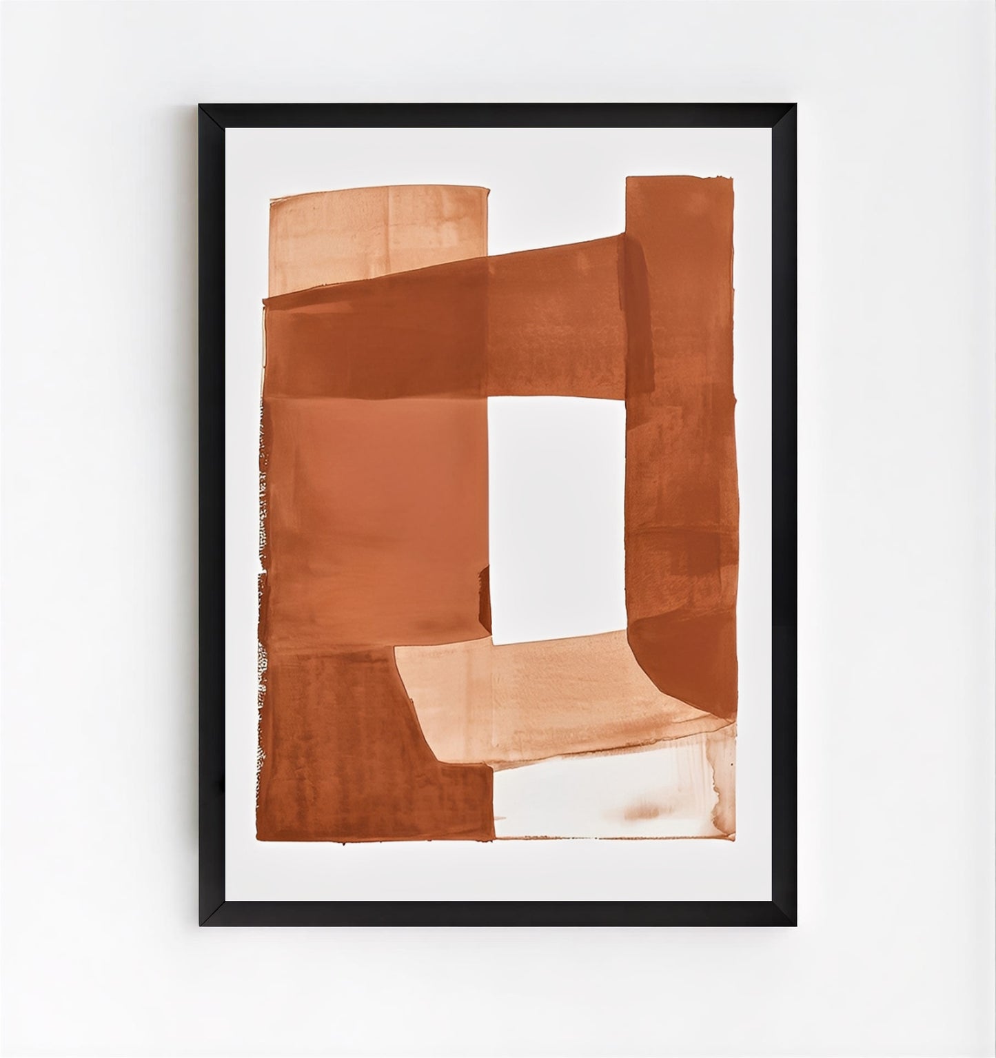Framed abstract art piece with brown and beige colors on a white background