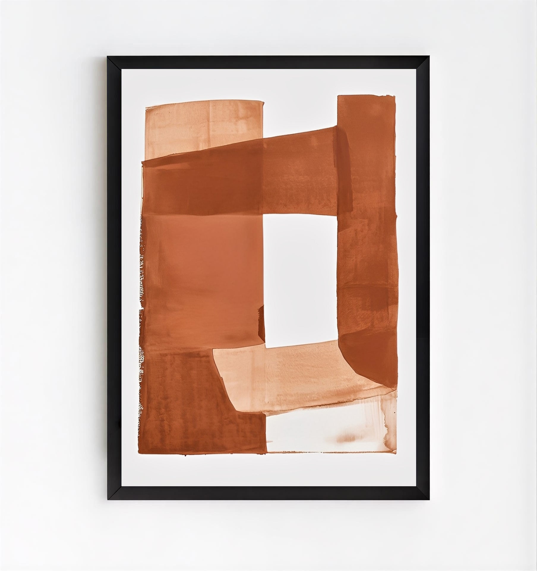 Framed abstract art piece with brown and beige colors on a white background