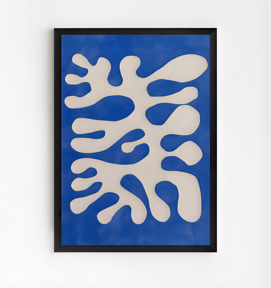 Framed abstract art with white design on a blue background