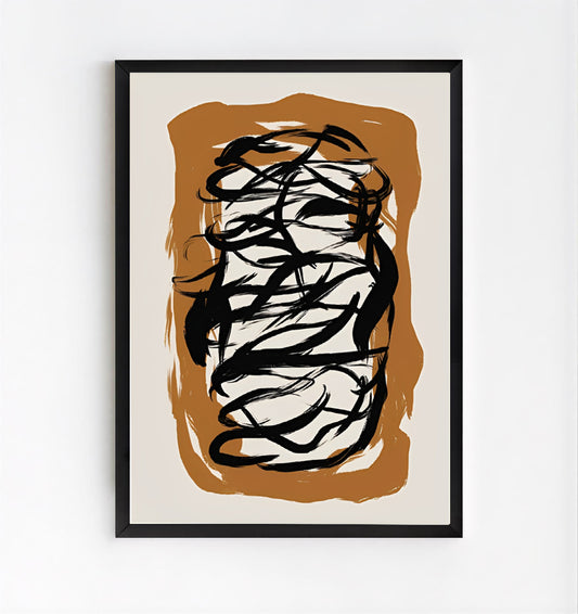 Framed  Black Abstract Brush Stroke Wall Art Print design on a beige background