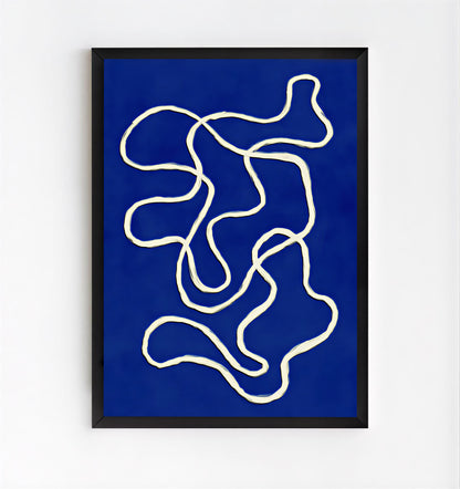 Abstract art print with white lines on a blue background, framed in black.