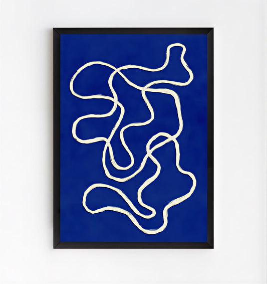 Abstract art print with white lines on a blue background, framed in black.