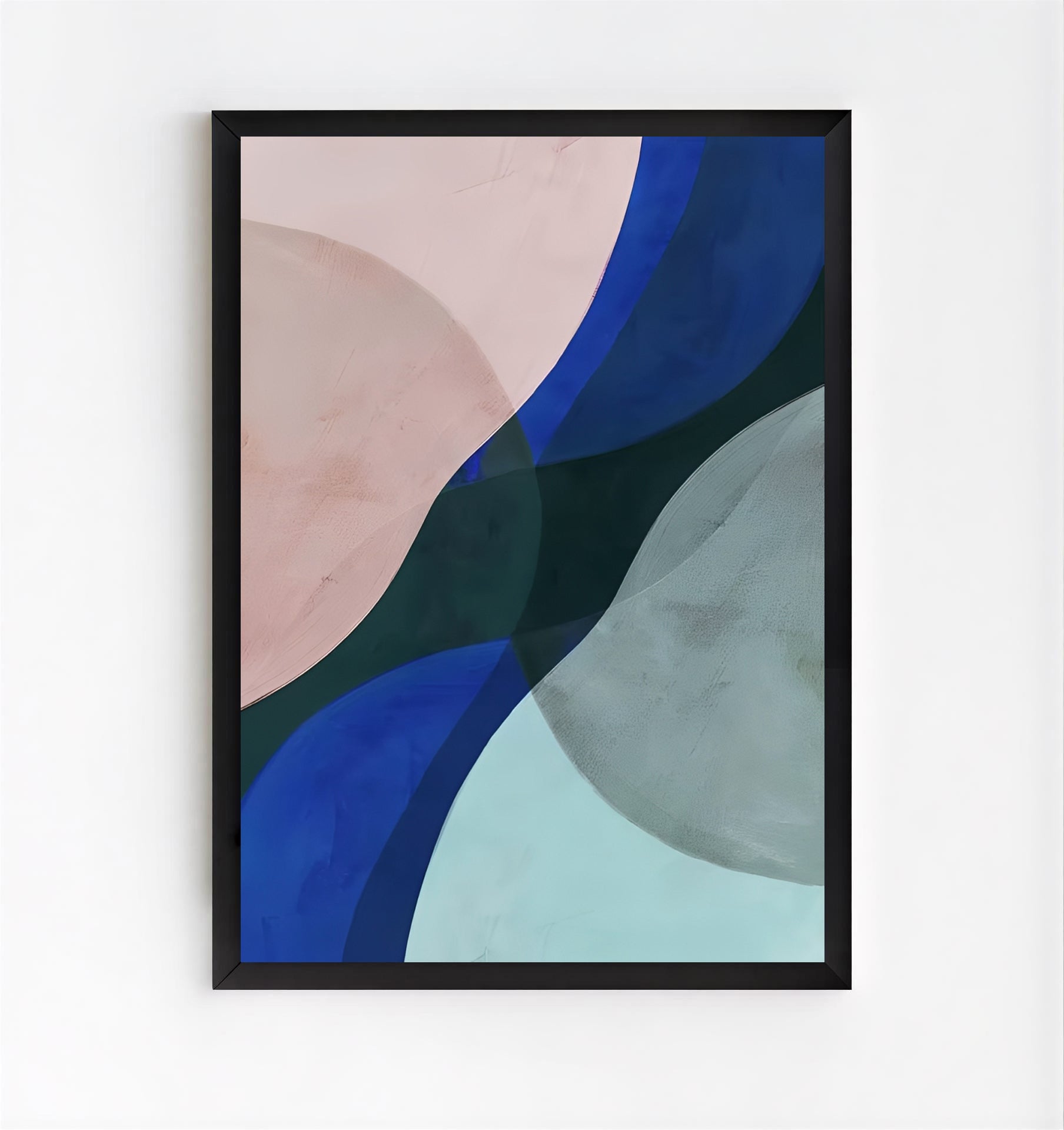 Framed abstract art with wavy shapes in blue, green, and pink on a white background