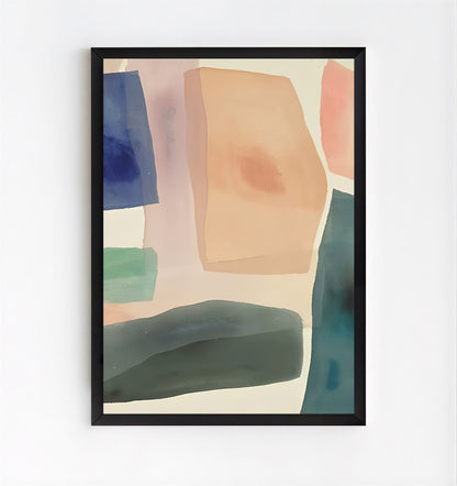 Abstract art print with geometric shapes in pastel colors on a white background