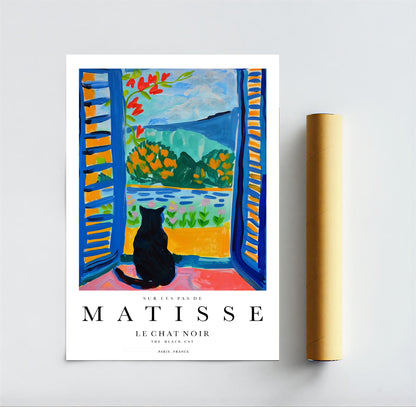 Poster of Matisse's 'Le Chat Noir' with a rolled-up poster beside it on a white background