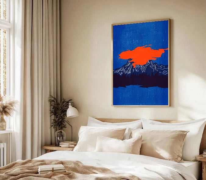 Modern bedroom with a bed, side tables, and a colorful abstract painting on the wall.