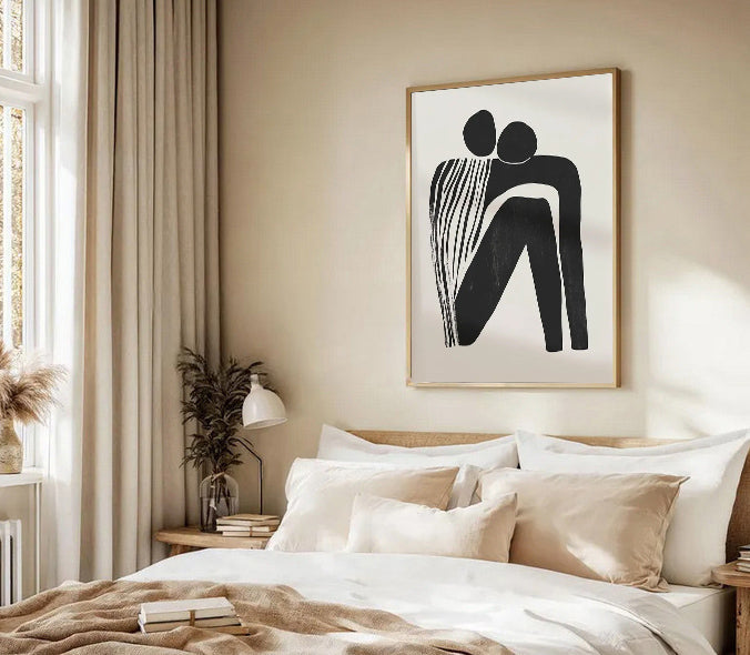 Modern bedroom with abstract art on the wall