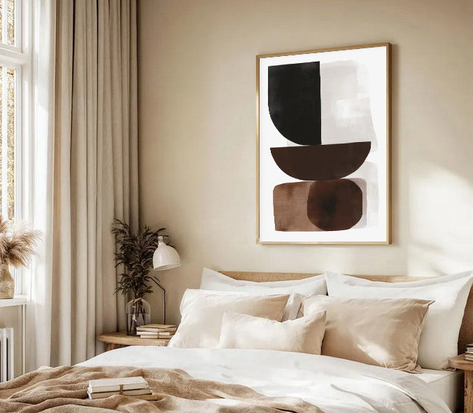Modern bedroom with abstract art on the wall