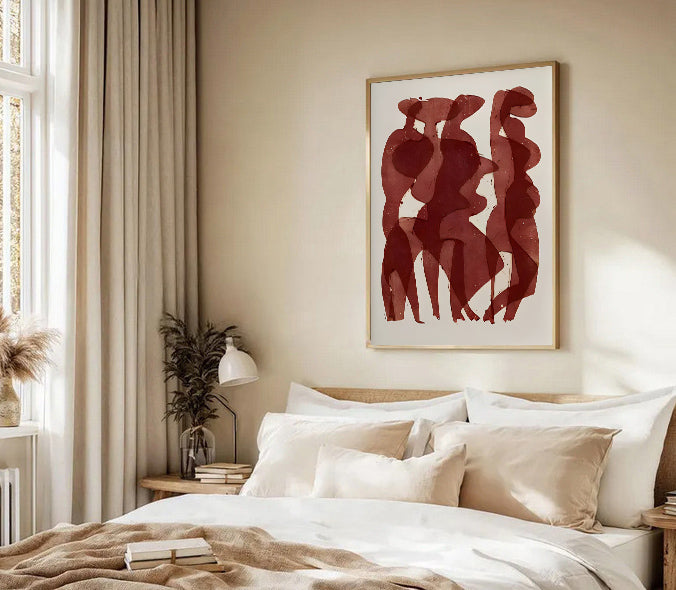 Modern bedroom with abstract art on the wall