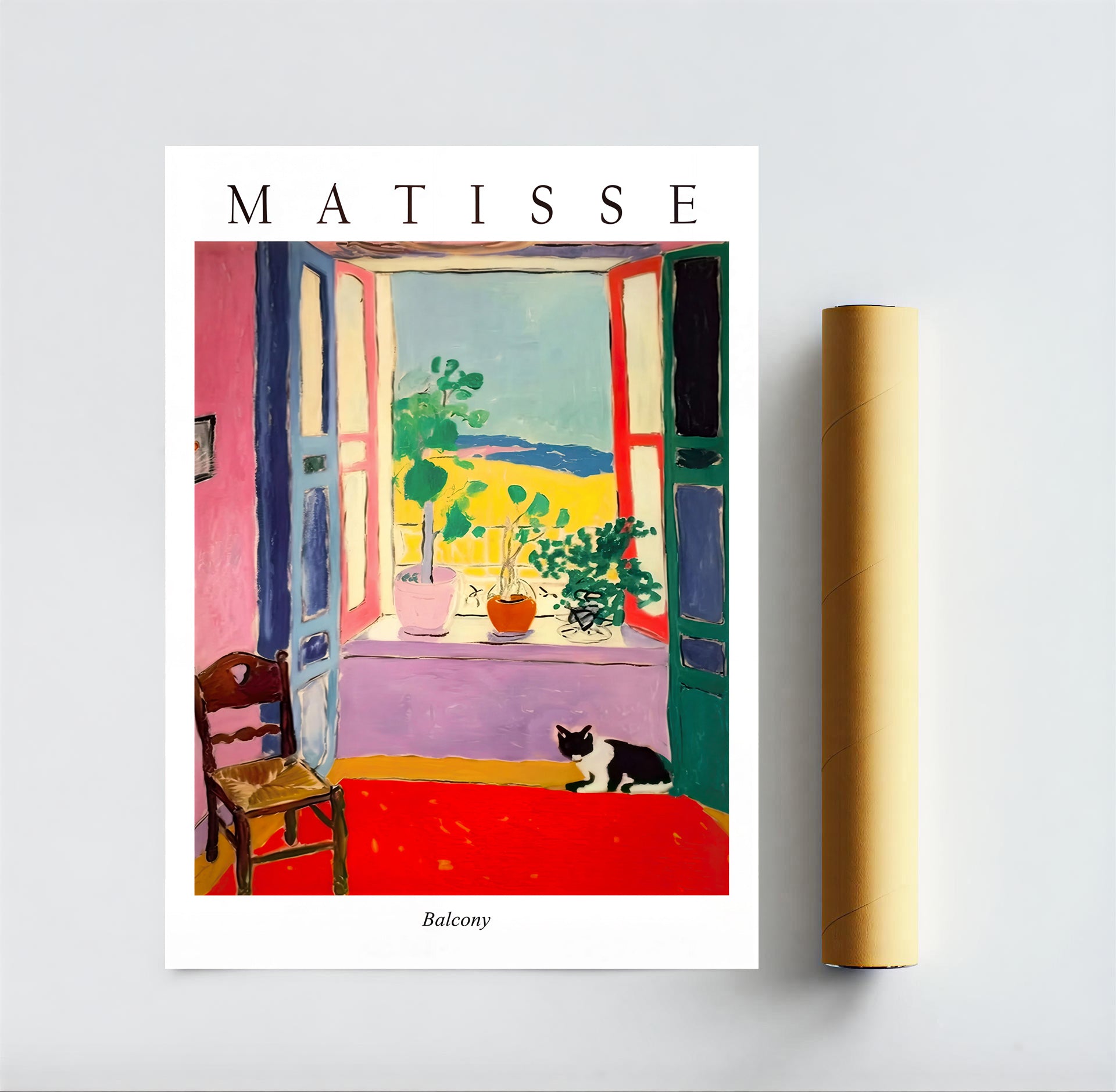 art print of colorful interior and cat