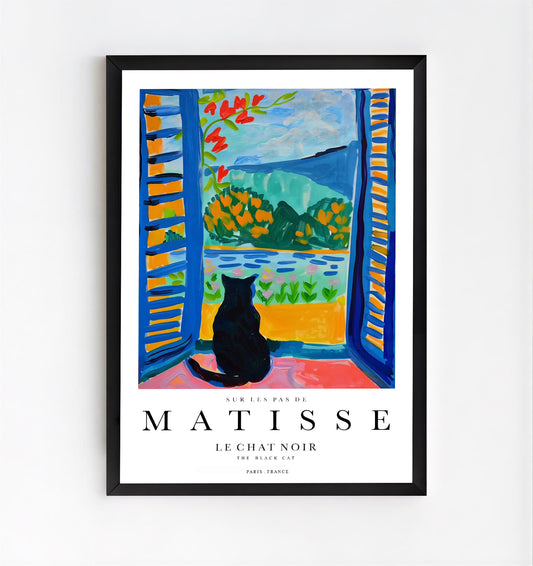 Framed artwork of a cat looking out of an open window with colorful scenery, inspired by Matisse.