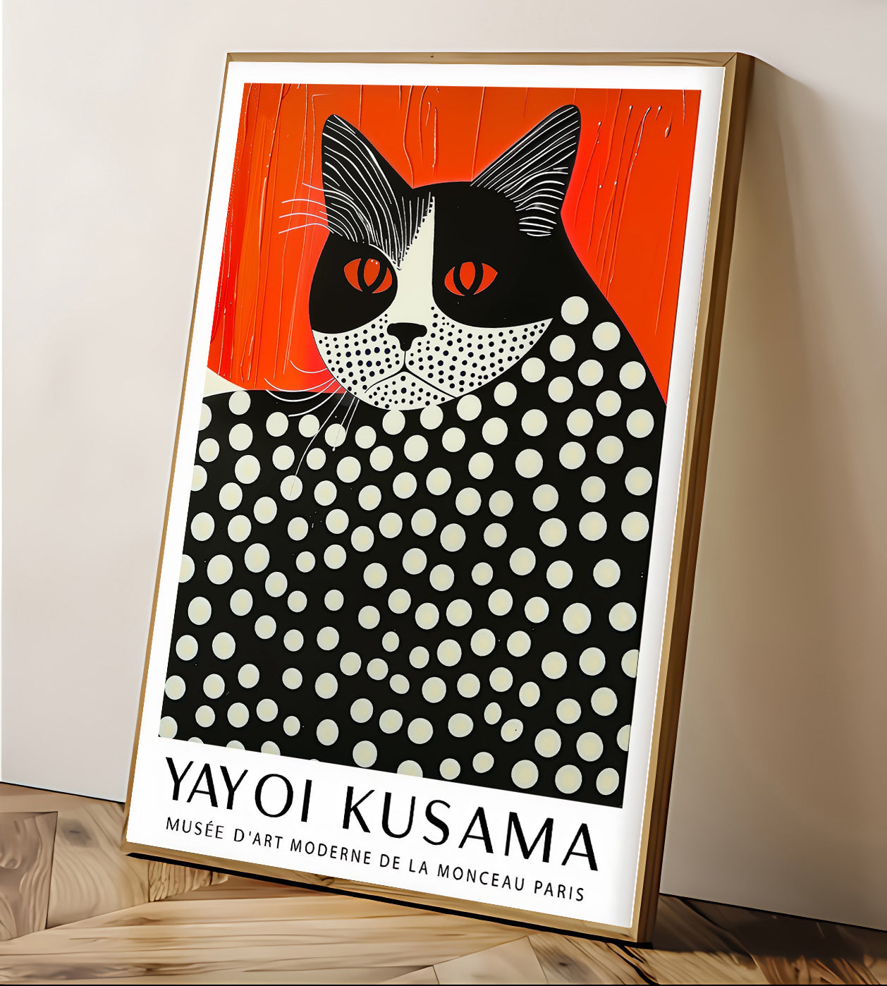 Stylish gold-framed cat artwork in Yayoi Kusama pop art style, featuring orange and black polka dot design, leaning against a neutral wall with wooden texture floor