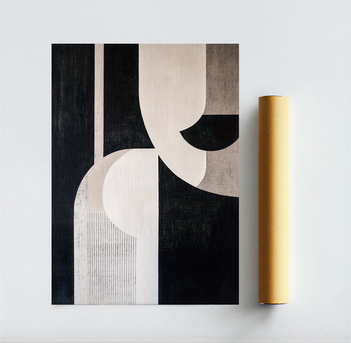 Abstract art print with geometric shapes on a white wall next to a roll of yellow tape.