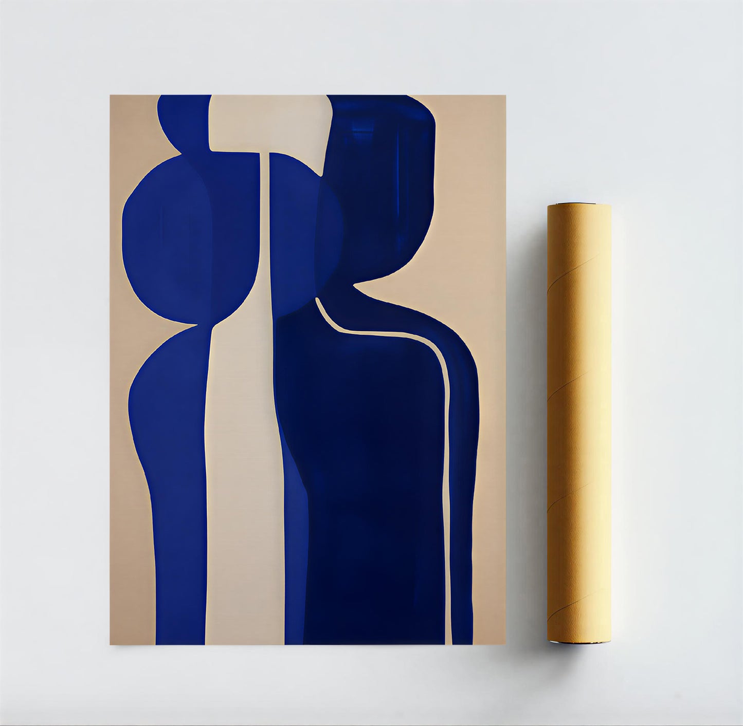 Abstract art print with blue shapes on beige background and gold roll of paper.