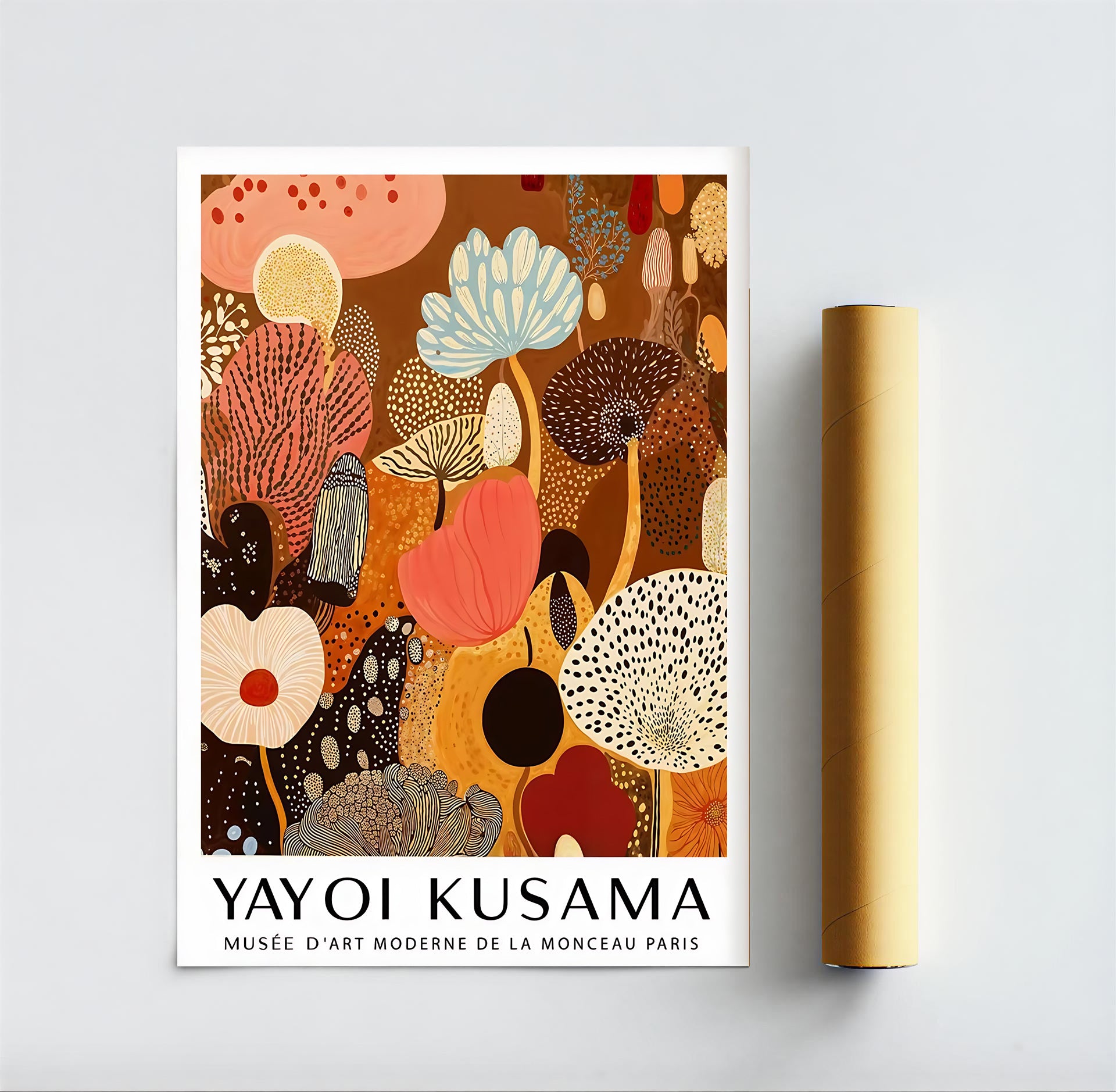 Yayoi Kusama artwork with abstract floral design on a white background