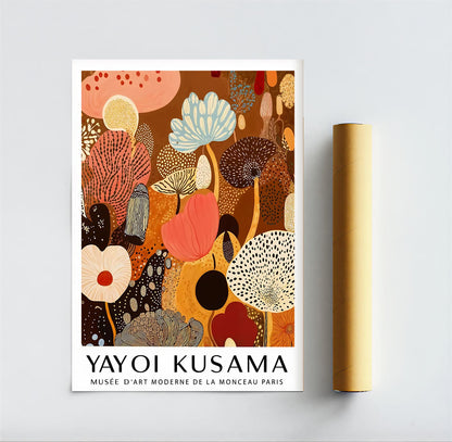 Yayoi Kusama artwork with abstract floral design on a white background