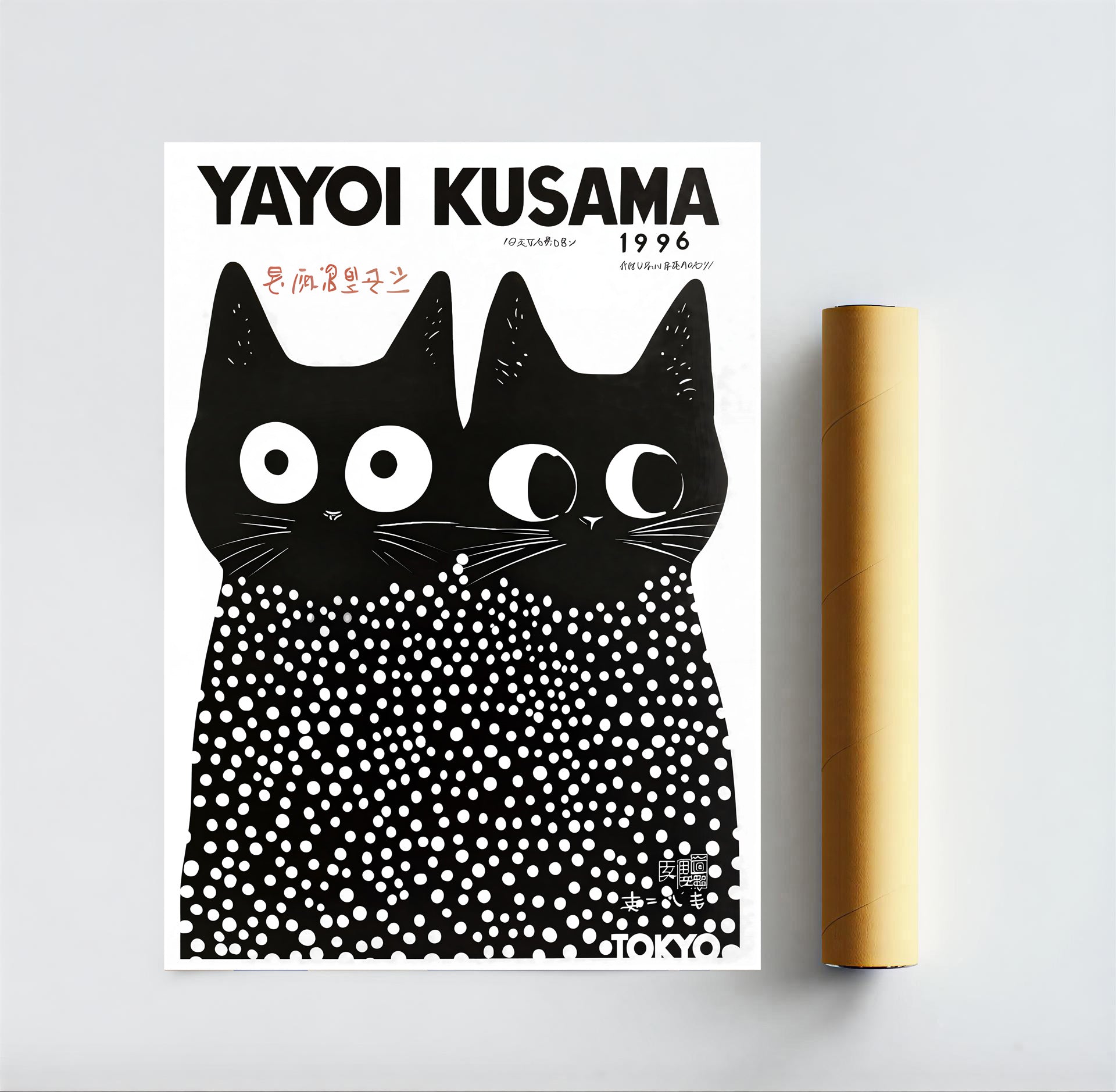 Black cat print with large eyes by Yayoi Kusama