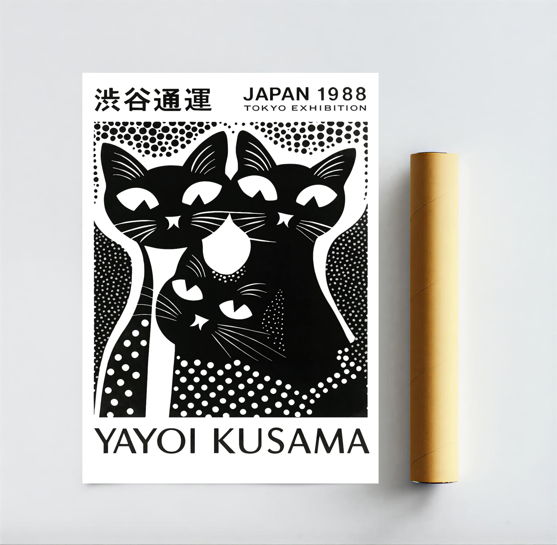 Black and white polka dot cat illustration wall decor