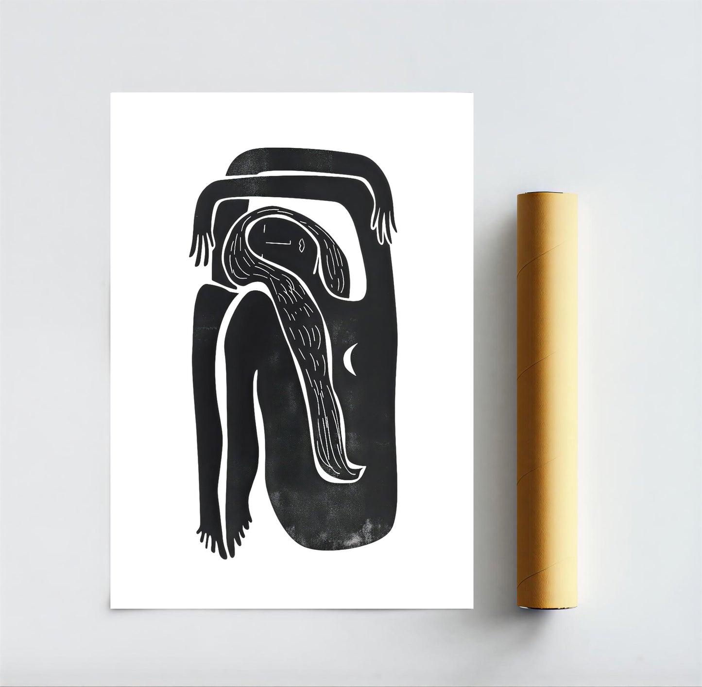 Abstract black and white artwork on a white background with a gold roll of paper.