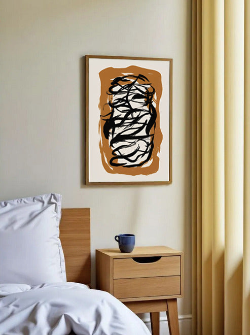 Bedroom with abstract art on the wall and a wooden nightstand with a blue cup.