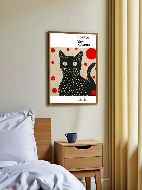 Framed artwork of a black cat with red dots on a wall above a bed and nightstand.