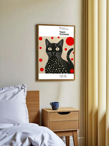 Framed artwork of a black cat with red dots on a wall above a bed and nightstand.