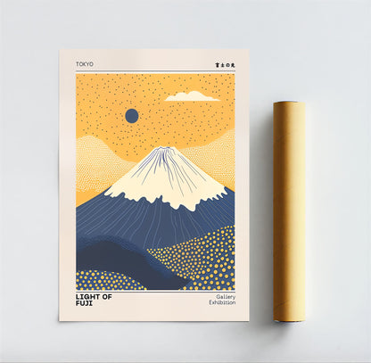 Poster of Mount Fuji with a yellow and blue design on a light gray background