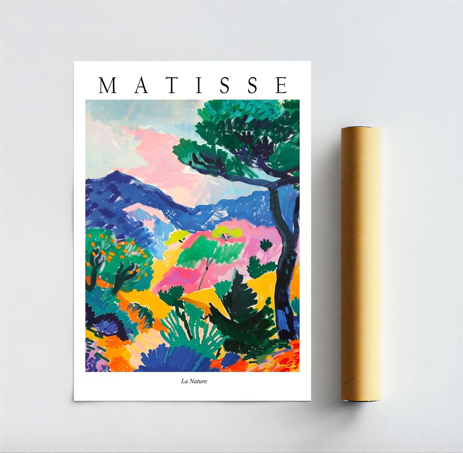 Colorful Matisse-style landscape poster with a roll of paper on a light gray background