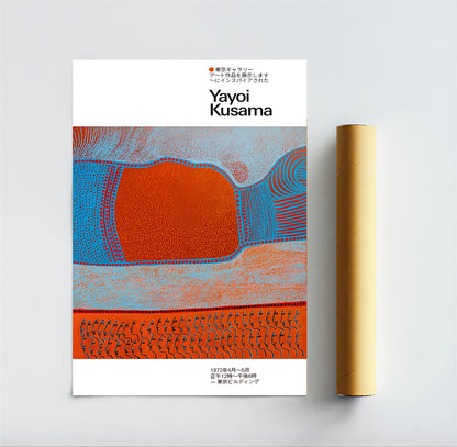 Yayoi Kusama poster with abstract design and gold roll on a white background