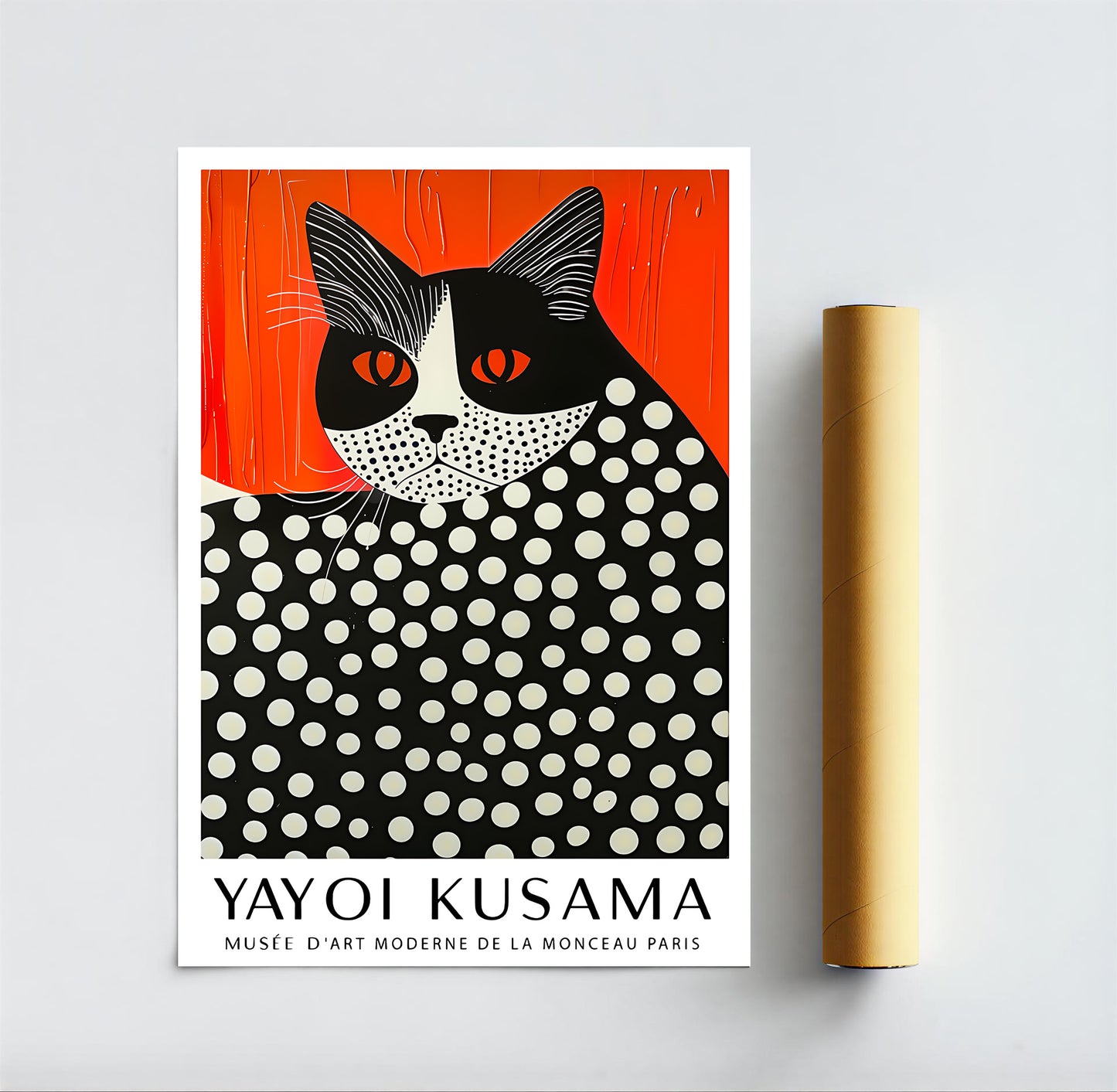 Unframed Yayoi Kusama cat art poster rolled for shipping – minimalist modern wall art print